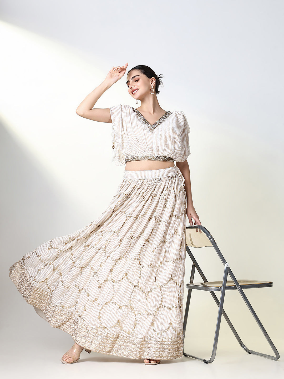 Women Cream Striped Lehenga Choli