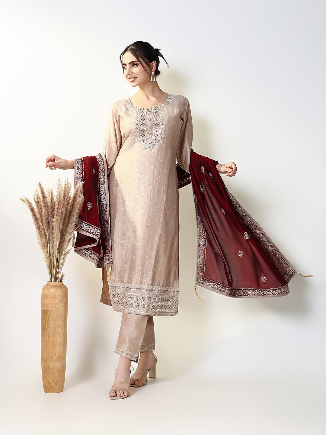 Women Solid Cream Straight Kurta Set with Dupatta