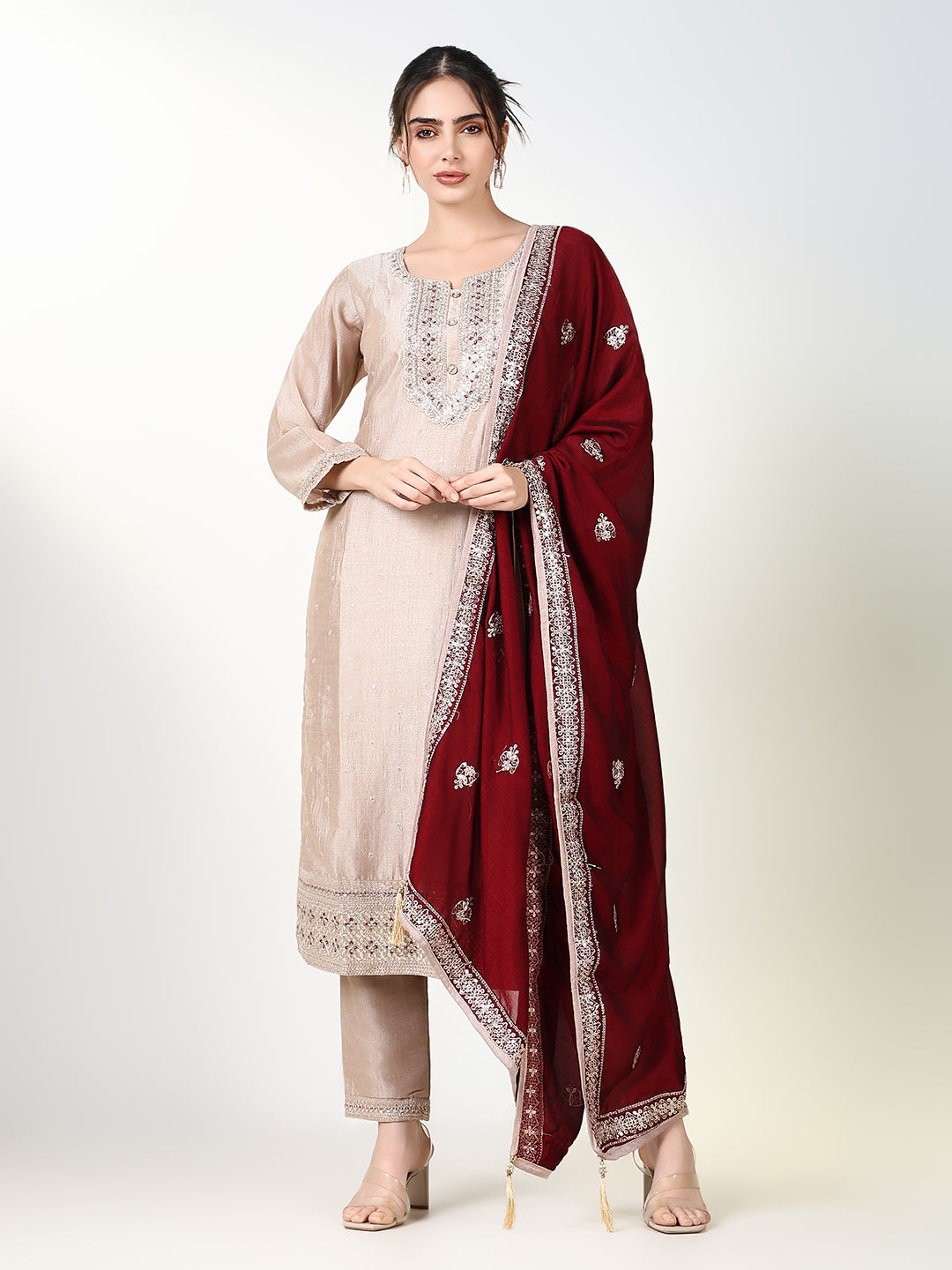 Women Solid Cream Straight Kurta Set with Dupatta