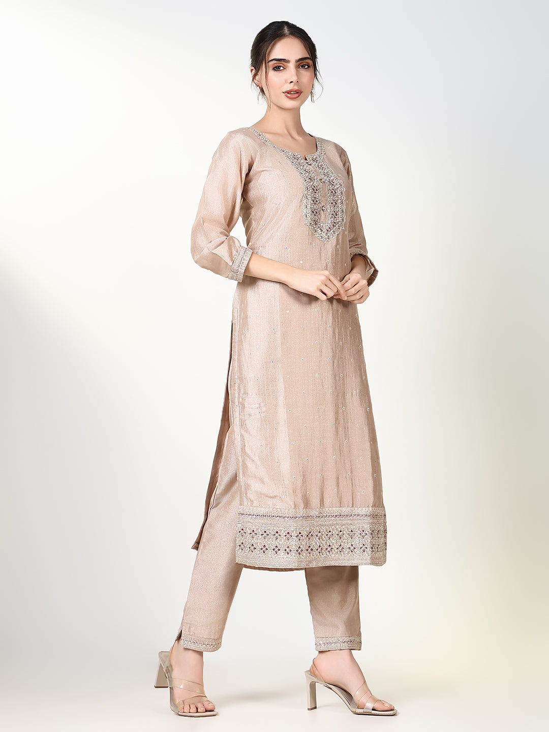 Women Solid Cream Straight Kurta Set with Dupatta