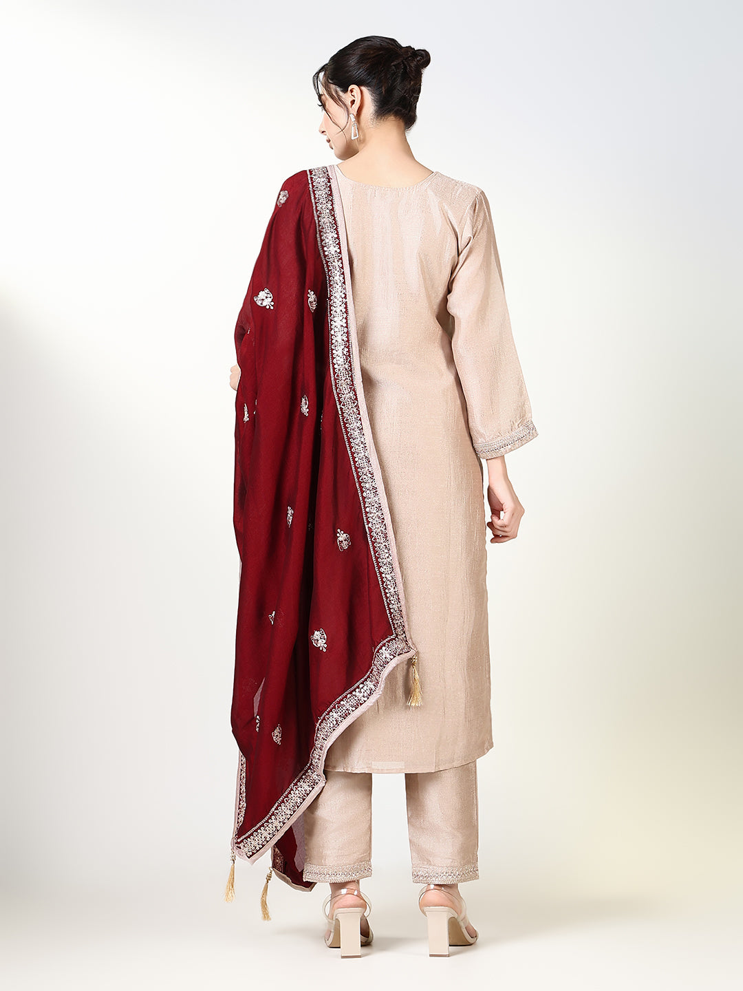 Women Solid Cream Straight Kurta Set with Dupatta