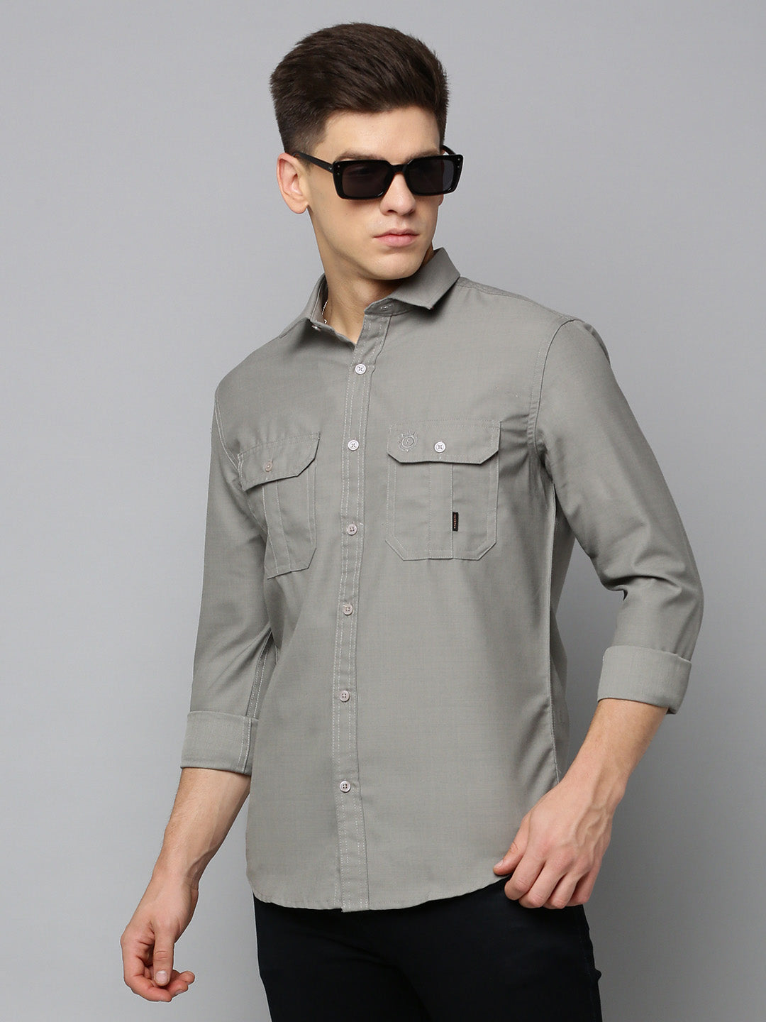 Men Spread Collar Solid Taupe Shirt