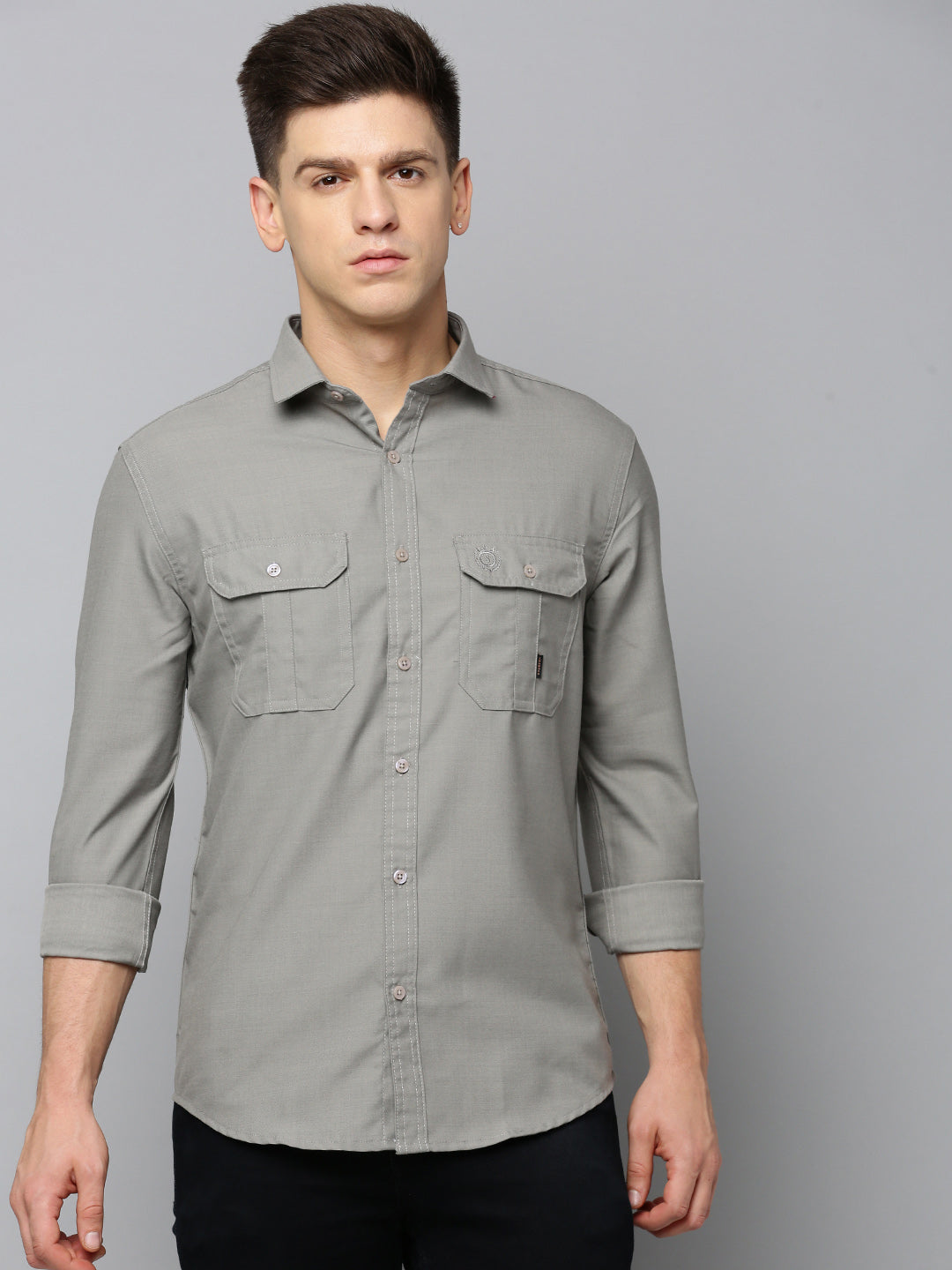 Men Spread Collar Solid Taupe Shirt