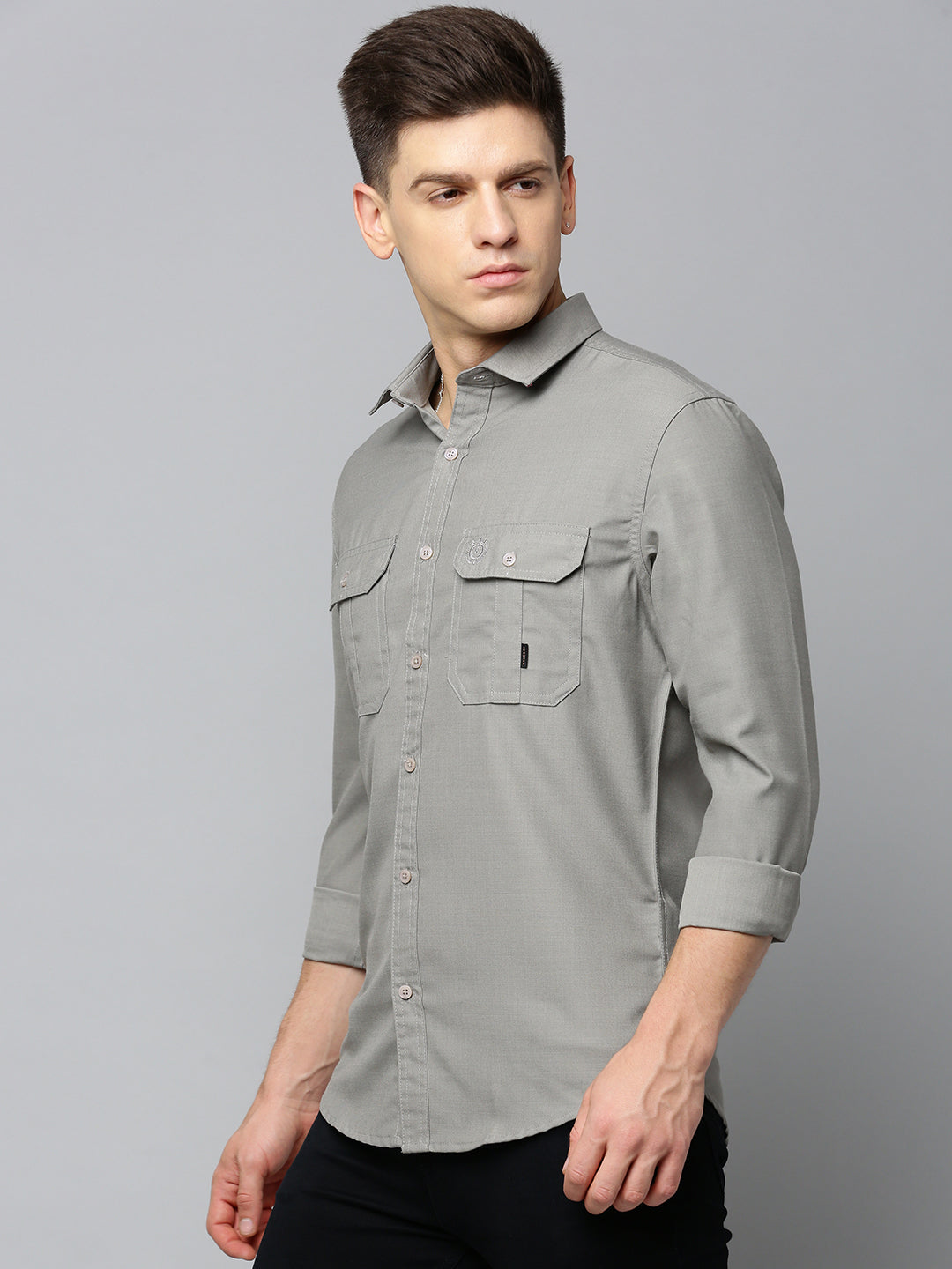 Men Spread Collar Solid Taupe Shirt