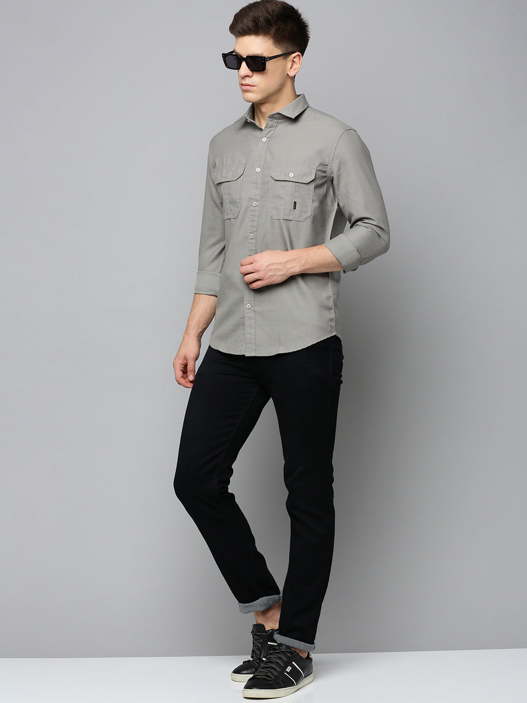 Men Spread Collar Solid Taupe Shirt