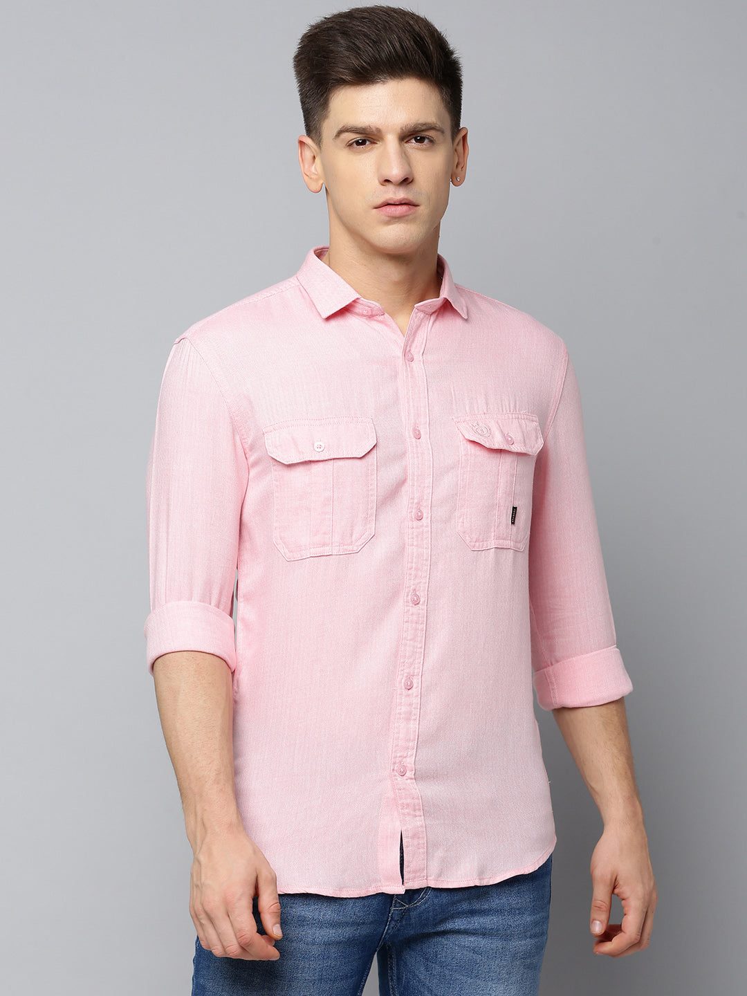 Men Spread Collar Self Design Peach Shirt