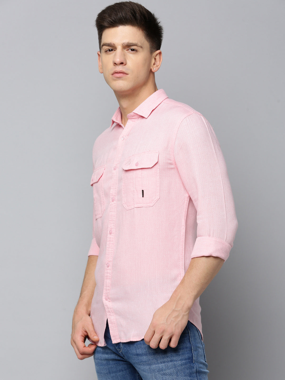 Men Spread Collar Self Design Peach Shirt