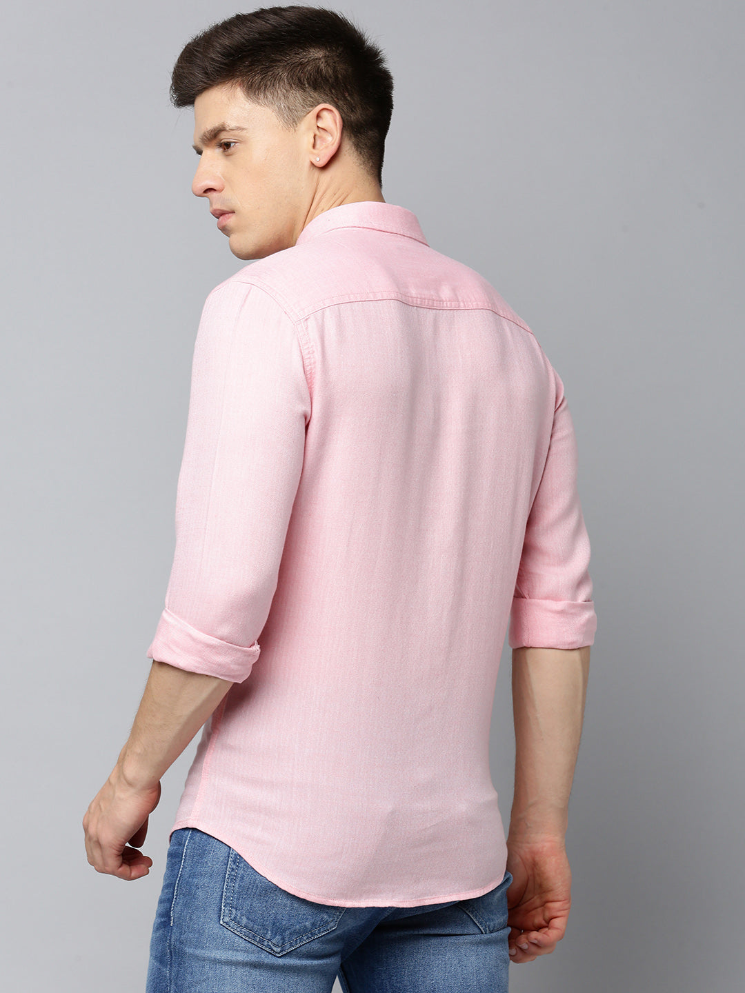 Men Spread Collar Self Design Peach Shirt