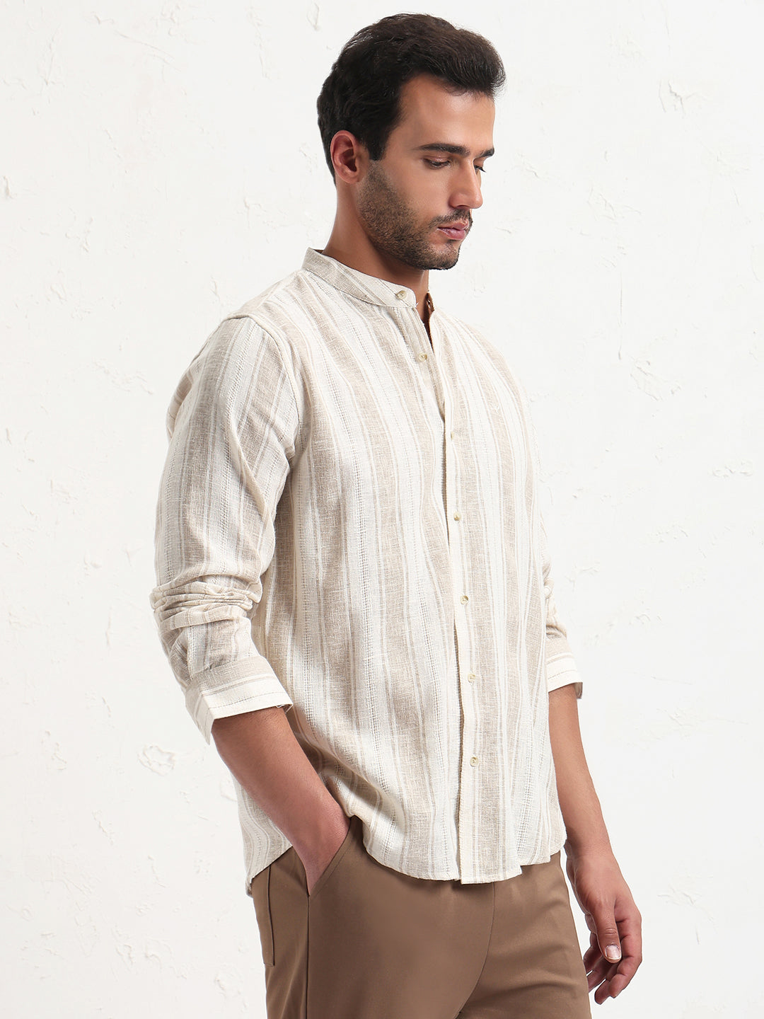 Men's Cream Mandarin Collar Striped Slim Fit Shirt