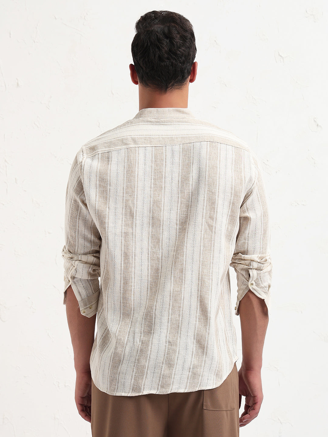 Men's Cream Mandarin Collar Striped Slim Fit Shirt