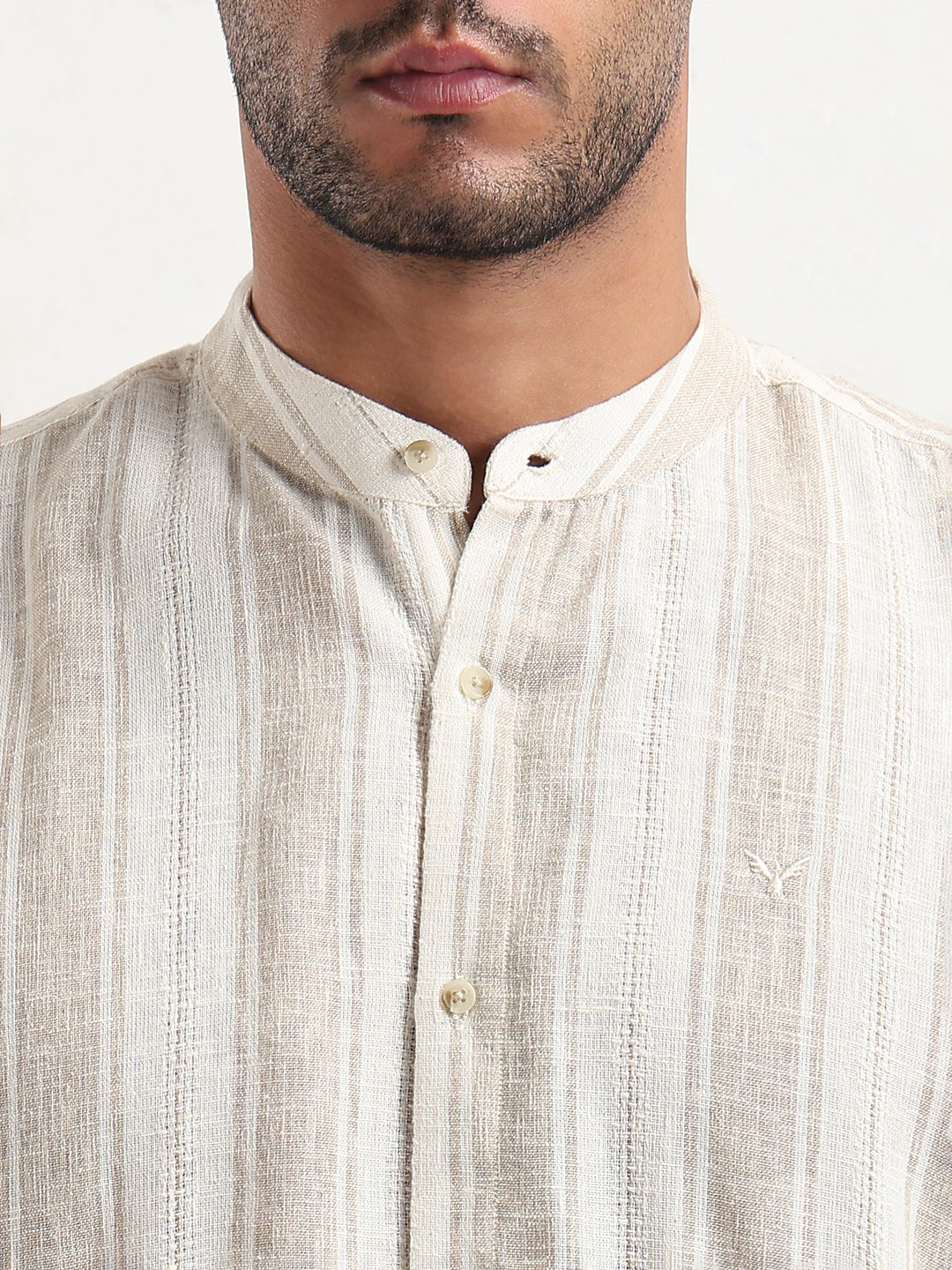 Men's Cream Mandarin Collar Striped Slim Fit Shirt