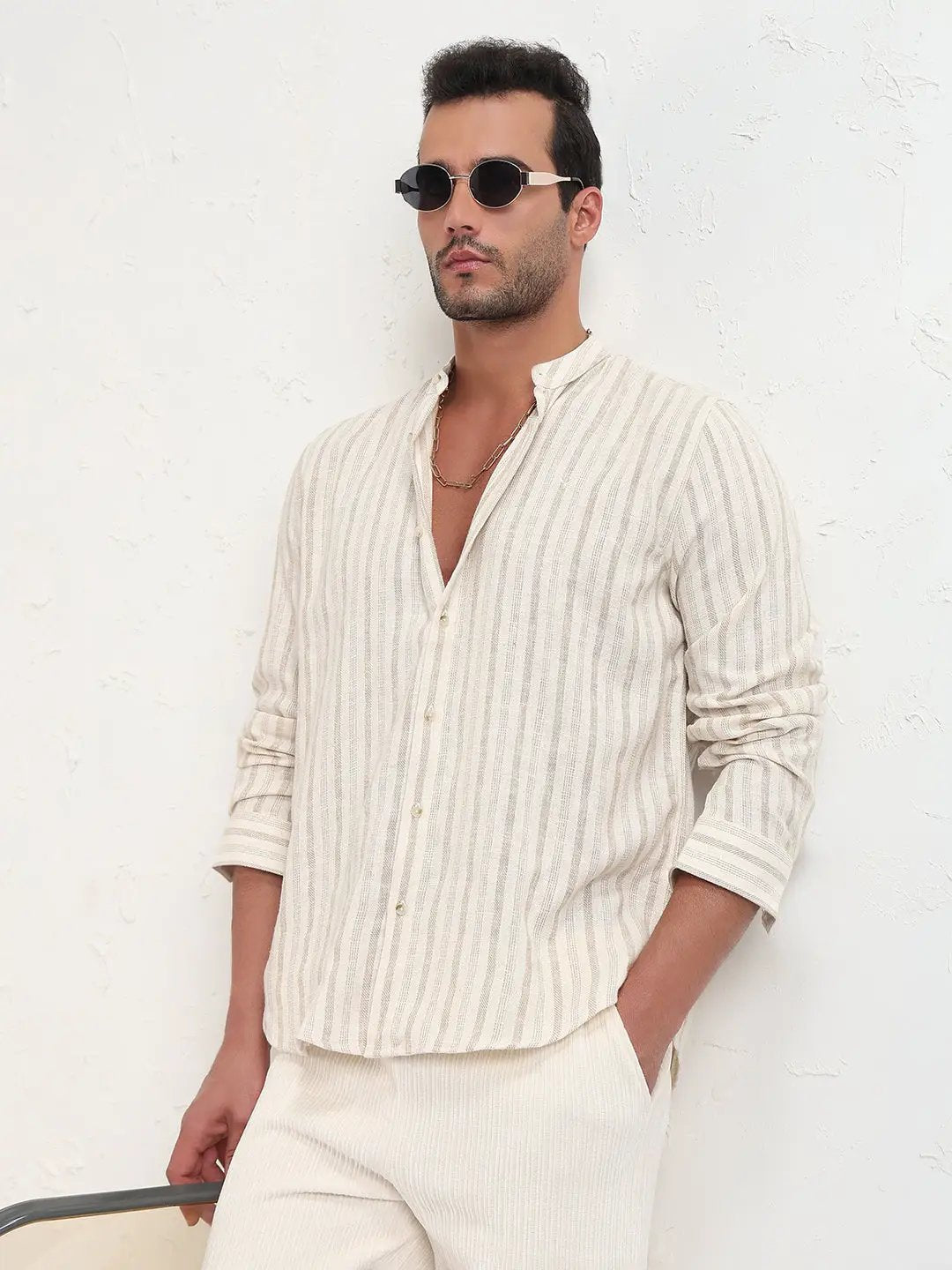 Buy Men's Cream Striped Slim Shirt Online India | Showoffff Buy Men's Cream Striped Slim Shirt Online India | Showoffff