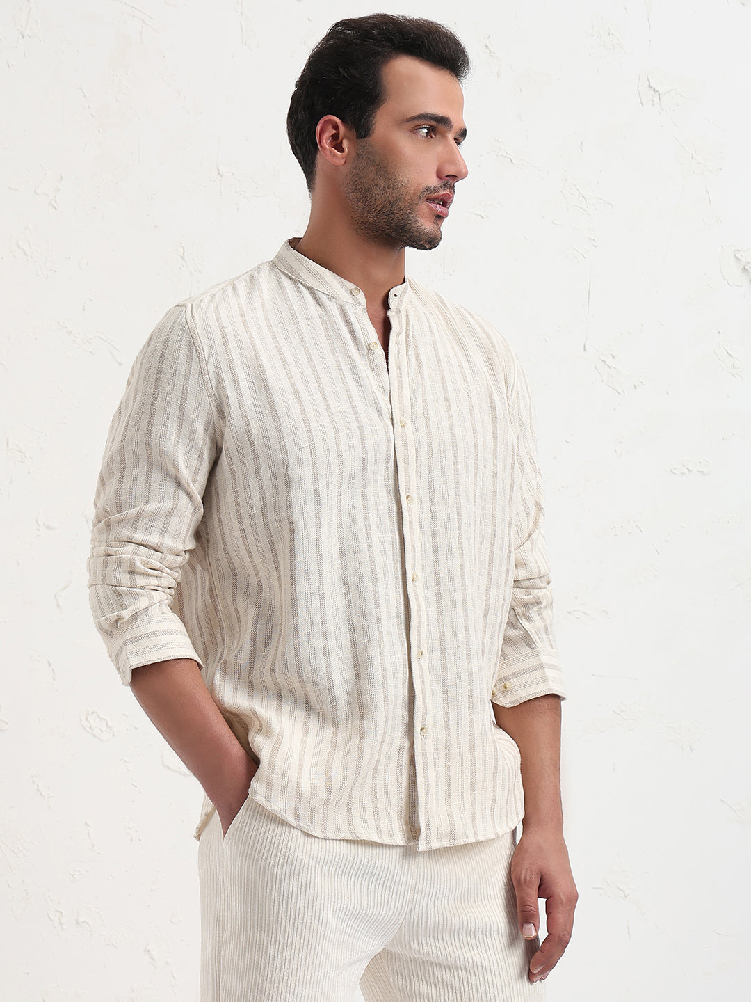 Men's Cream Mandarin Collar Striped Slim Fit Shirt