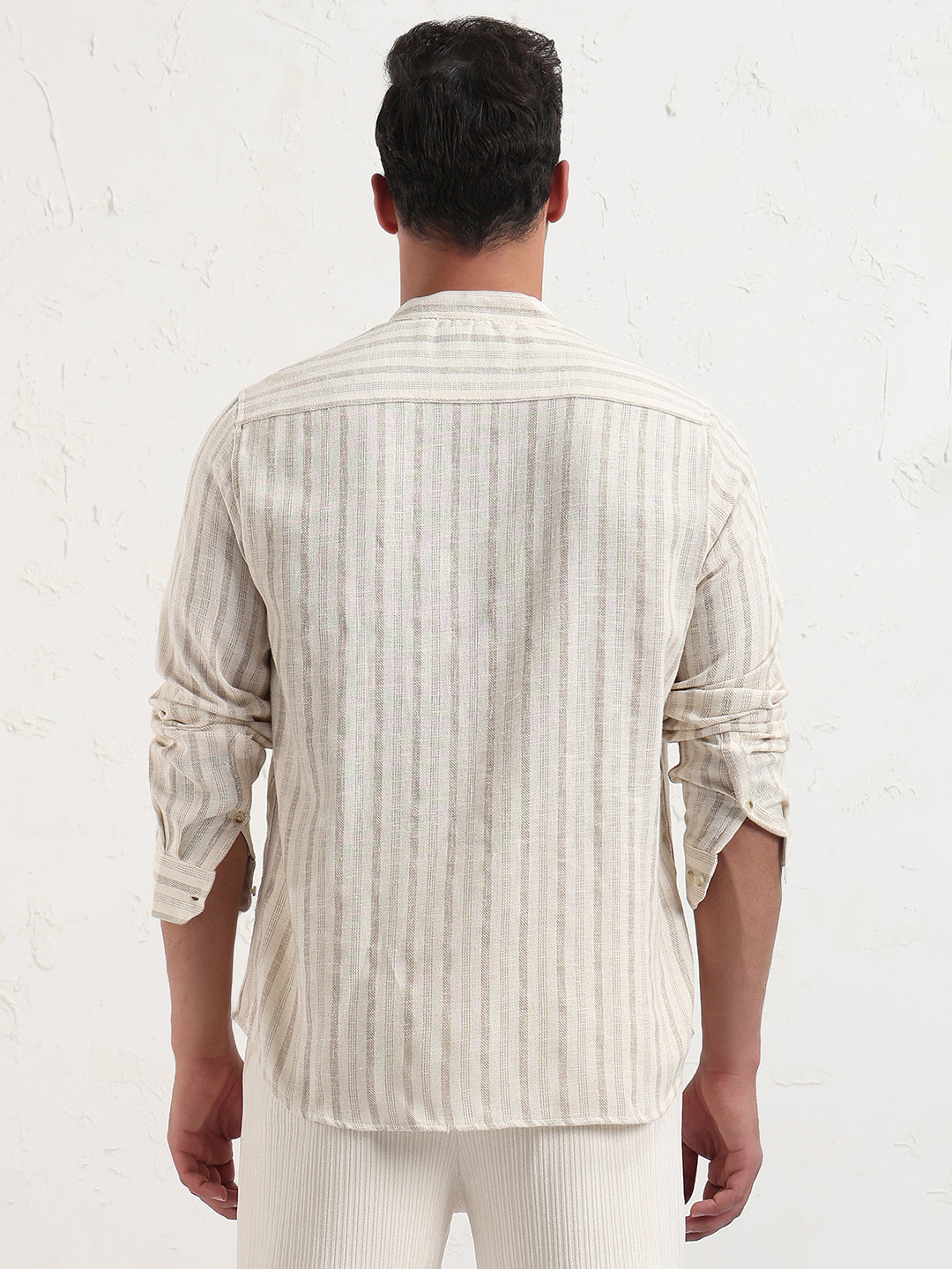 Men's Cream Mandarin Collar Striped Slim Fit Shirt