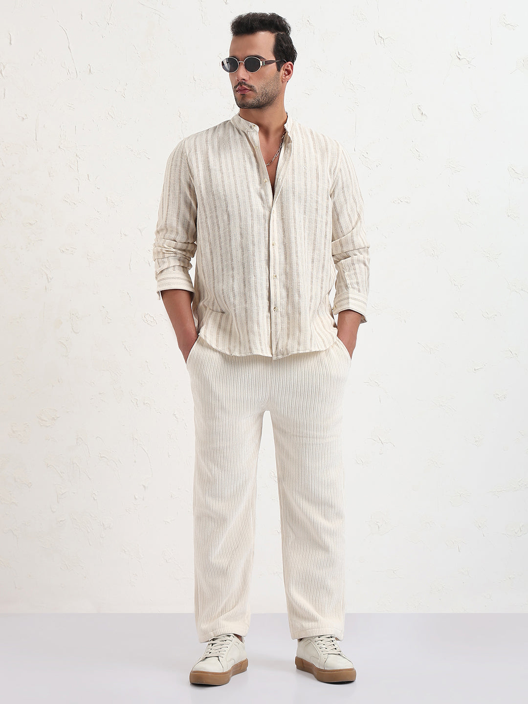 Men's Cream Mandarin Collar Striped Slim Fit Shirt