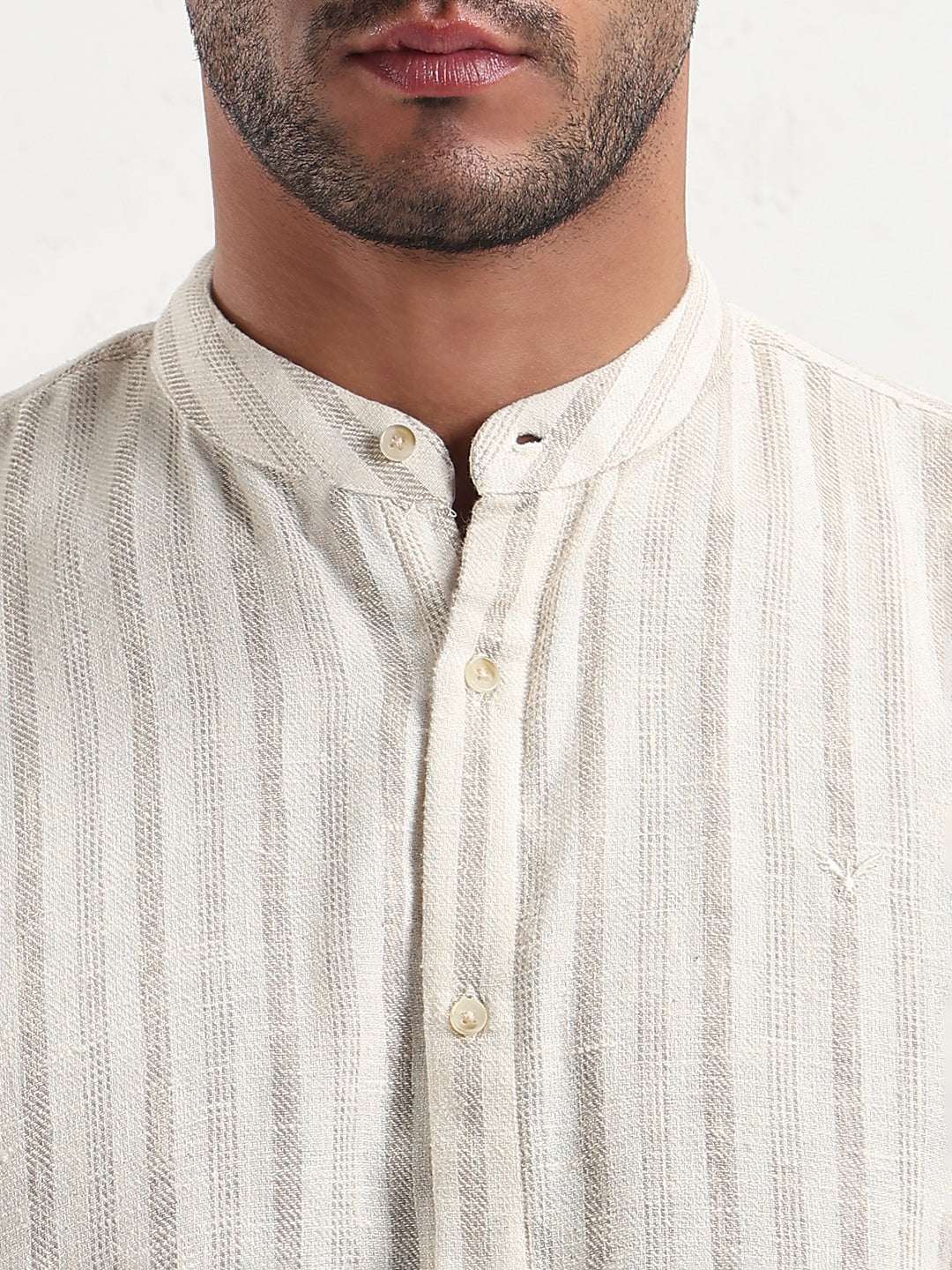 Men's Cream Mandarin Collar Striped Slim Fit Shirt