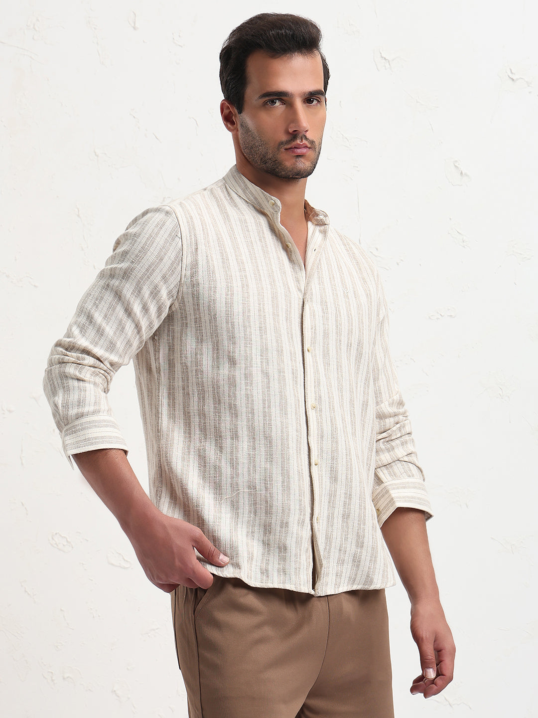 Men's Cream Mandarin Collar Striped Slim Fit Shirt