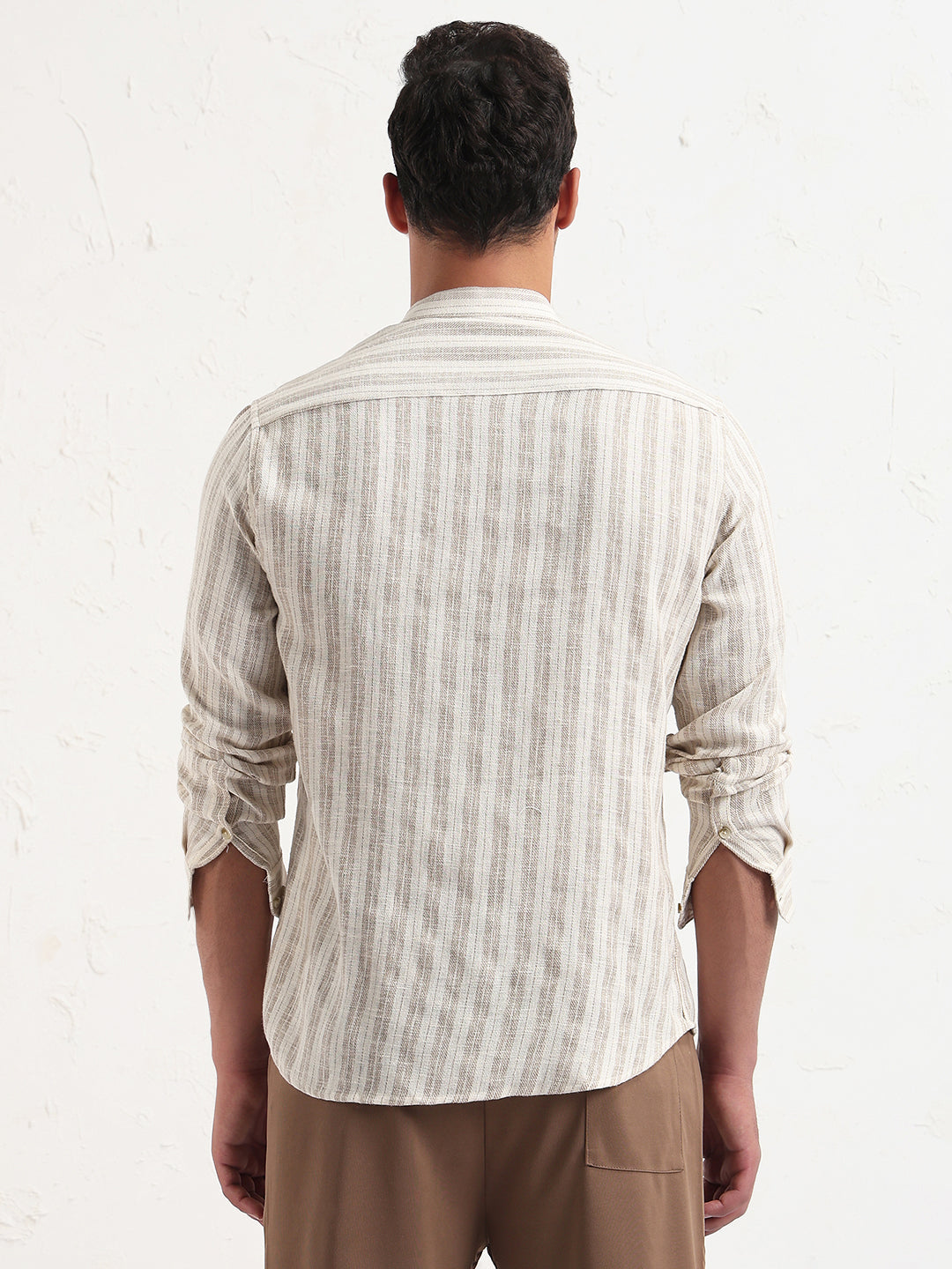 Men's Cream Mandarin Collar Striped Slim Fit Shirt