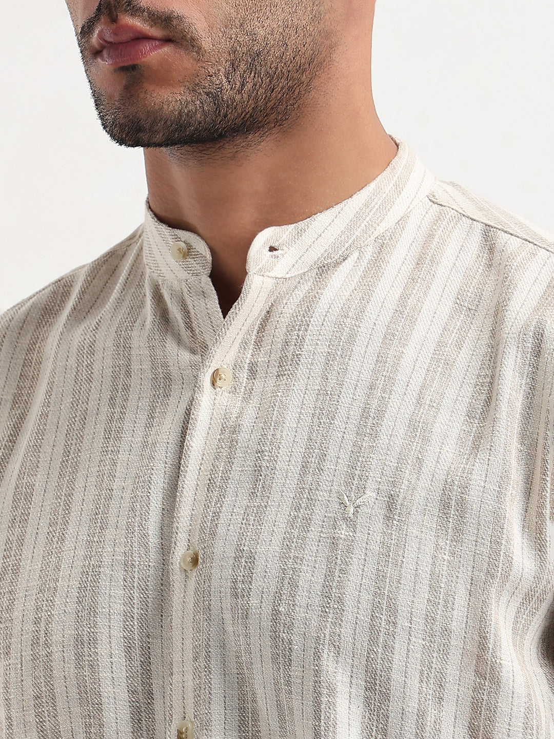 Men's Cream Mandarin Collar Striped Slim Fit Shirt