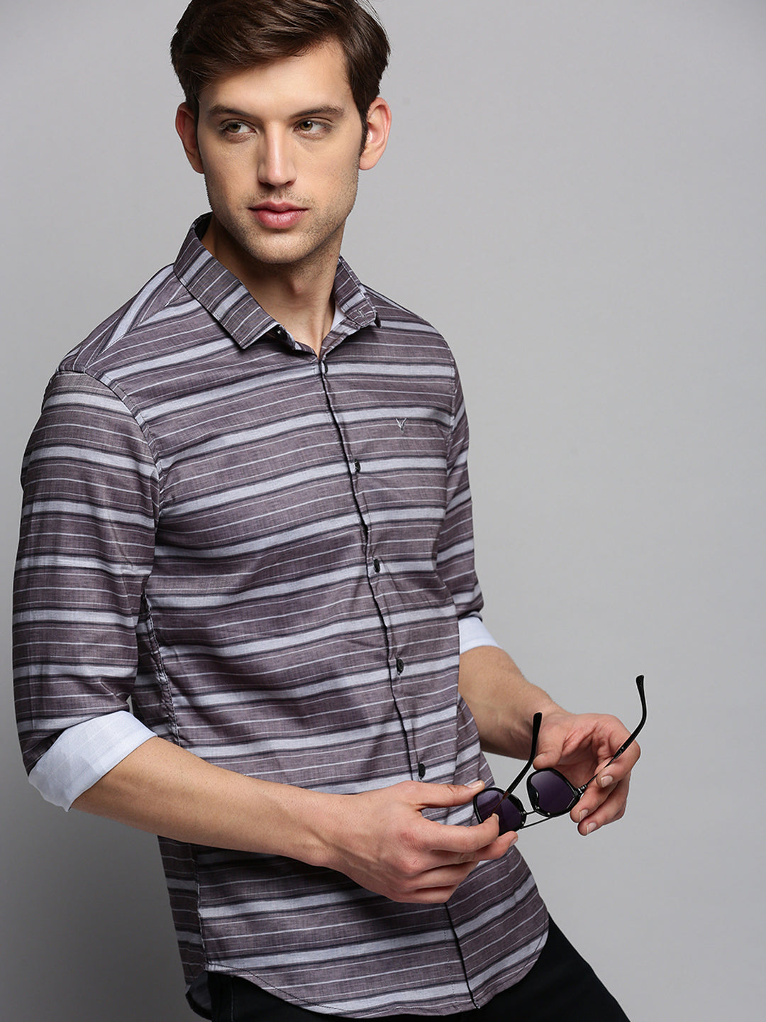 Men Spread Collar Striped Taupe Shirt