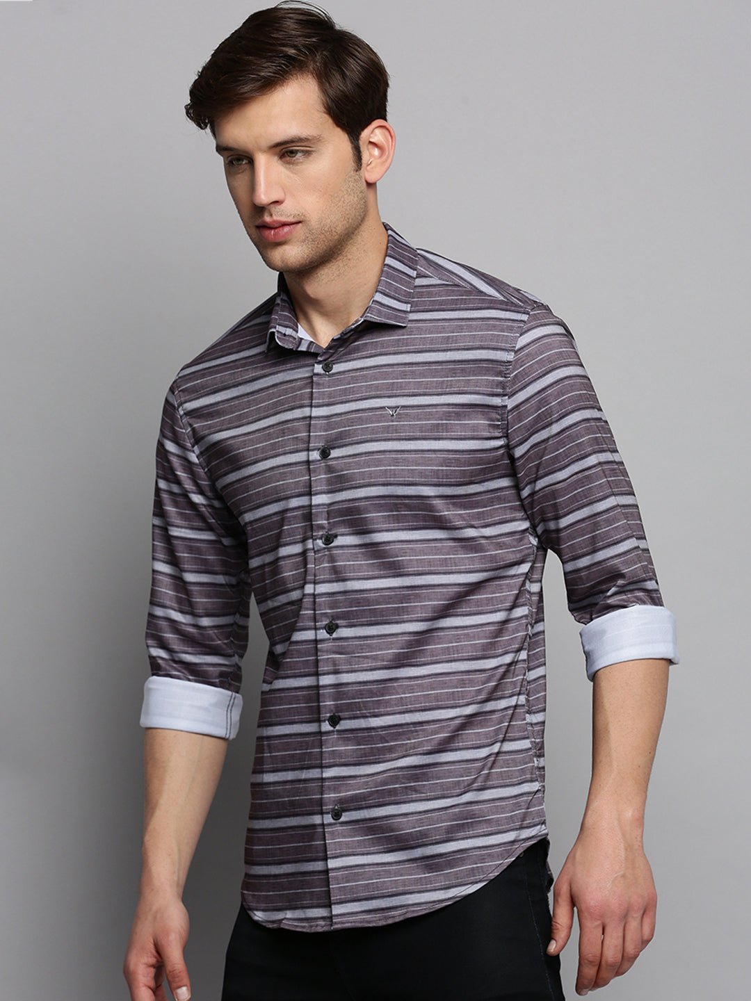 Men Spread Collar Striped Taupe Shirt