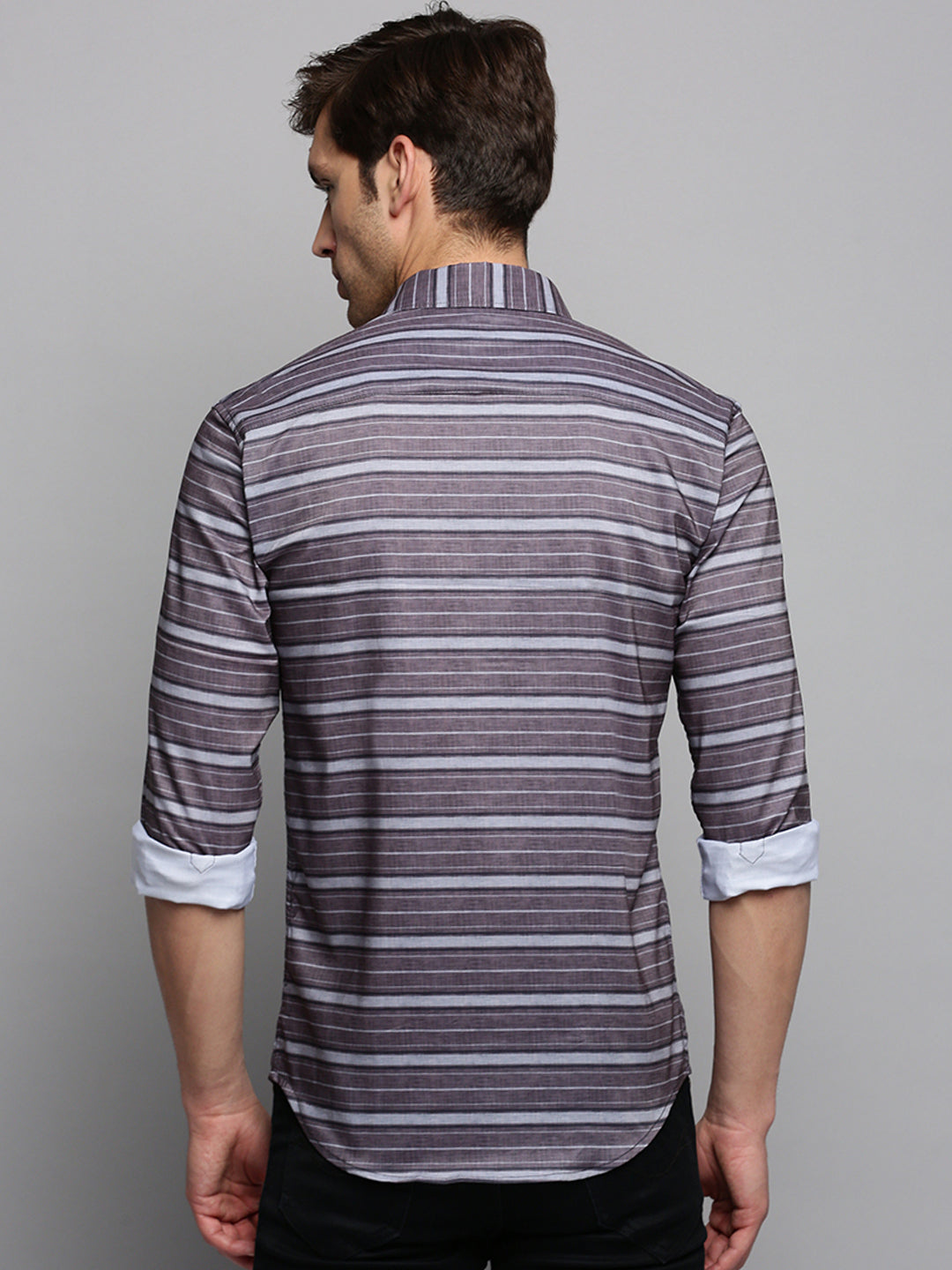 Men Spread Collar Striped Taupe Shirt