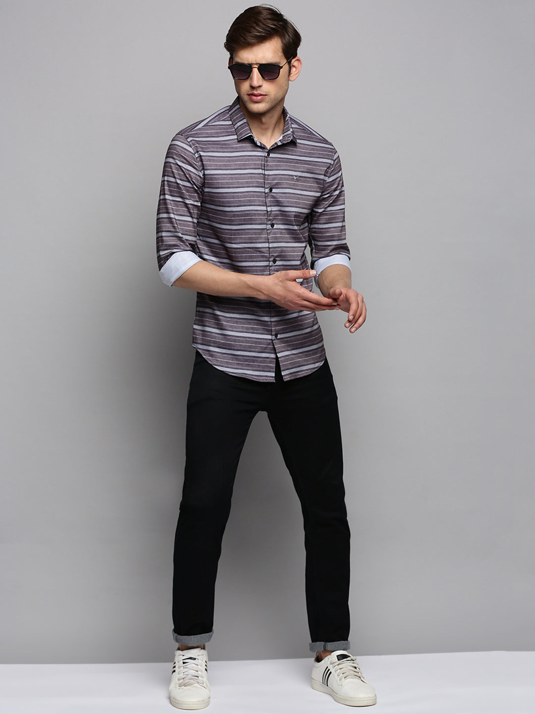 Men Spread Collar Striped Taupe Shirt