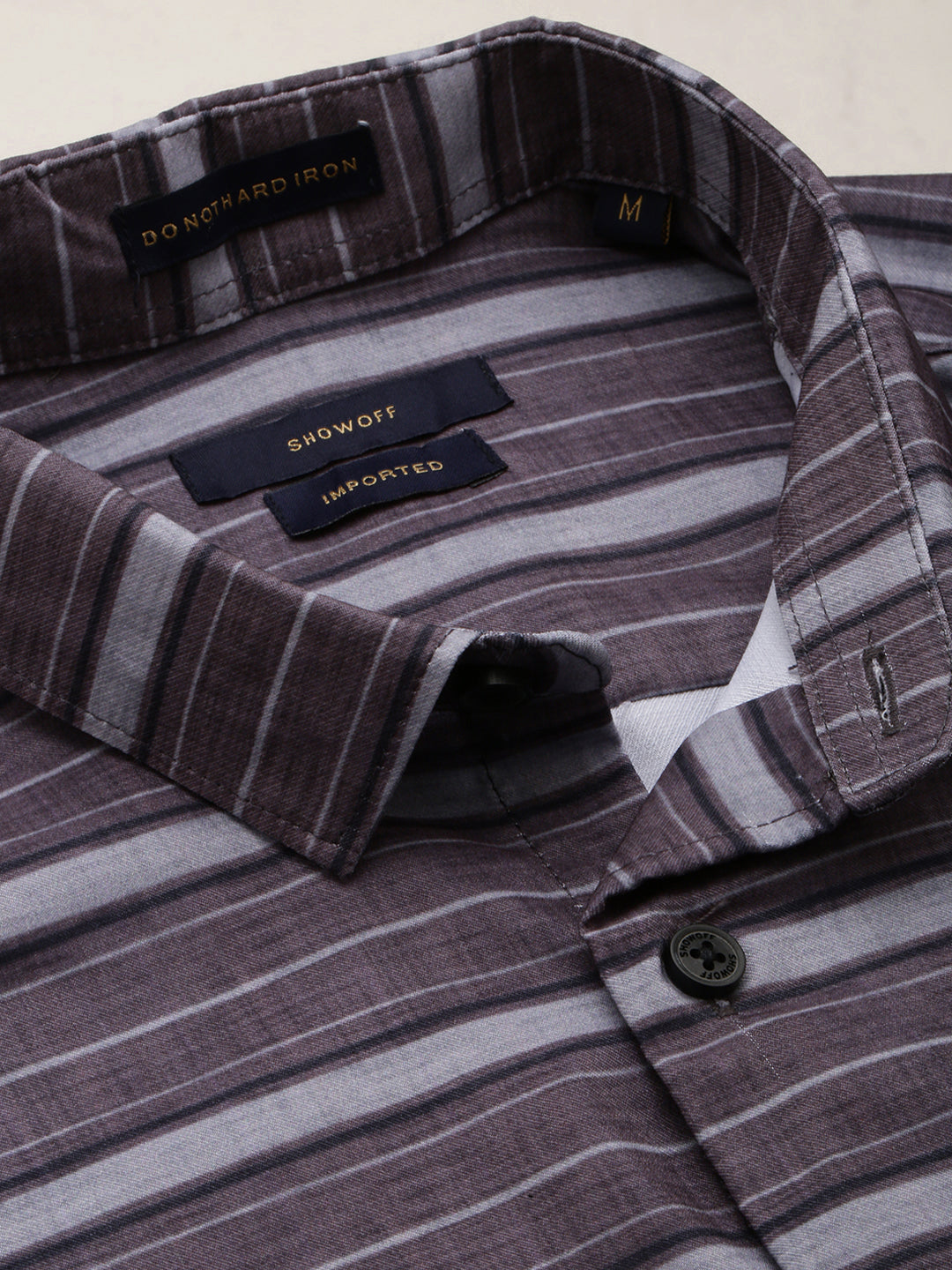 Men Spread Collar Striped Taupe Shirt