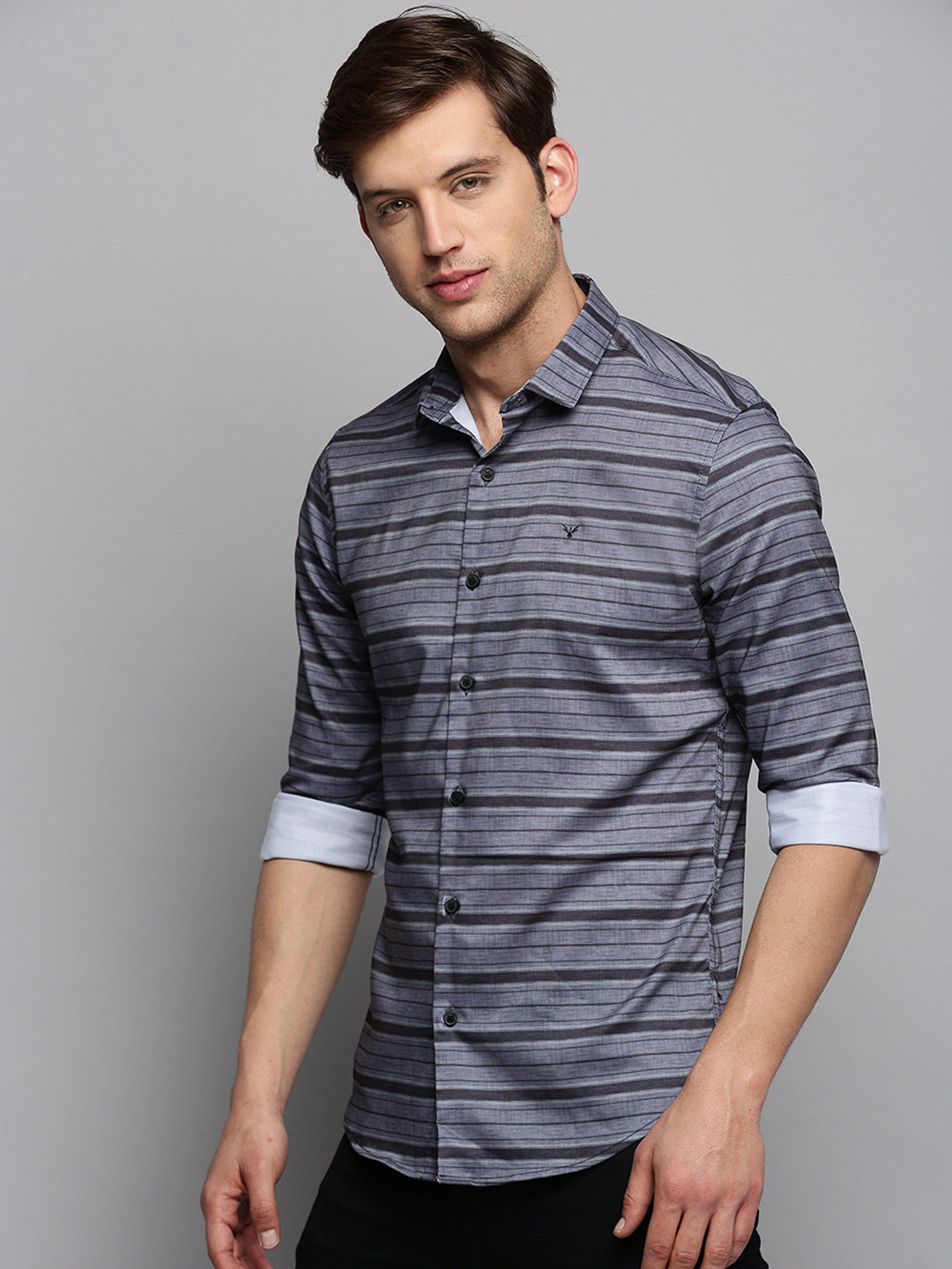 Men Spread Collar Striped Grey Shirt