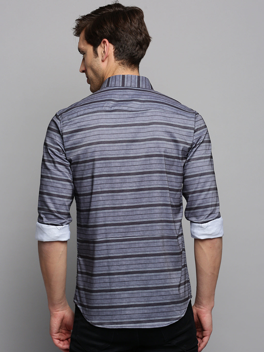 Men Spread Collar Striped Grey Shirt