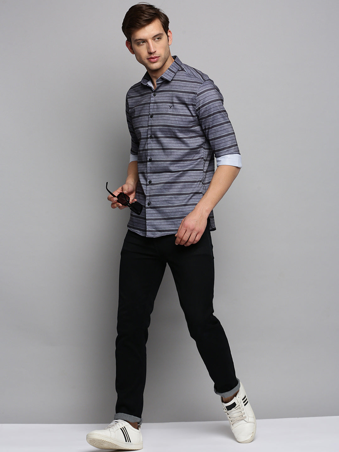 Men Spread Collar Striped Grey Shirt