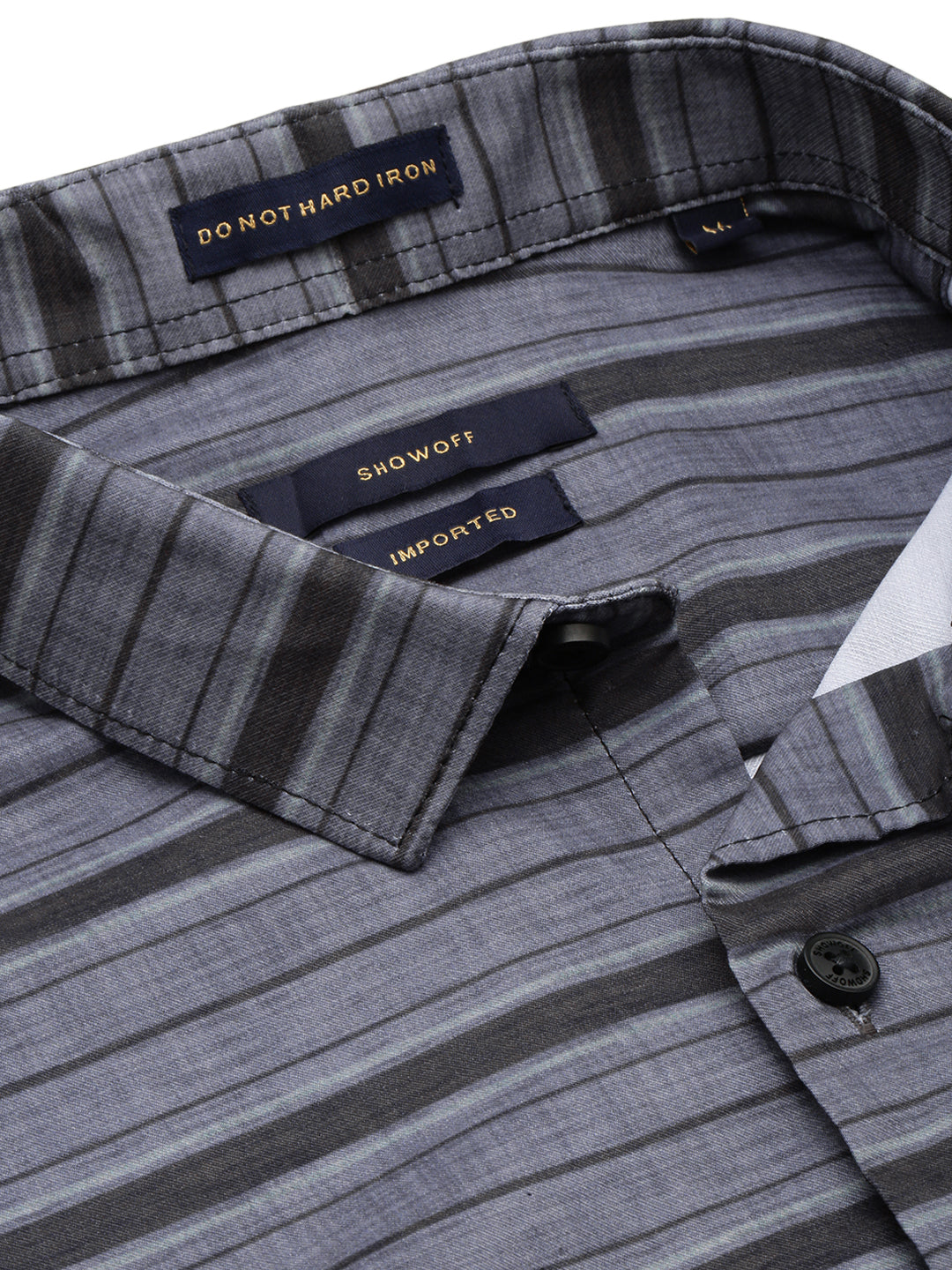 Men Spread Collar Striped Grey Shirt