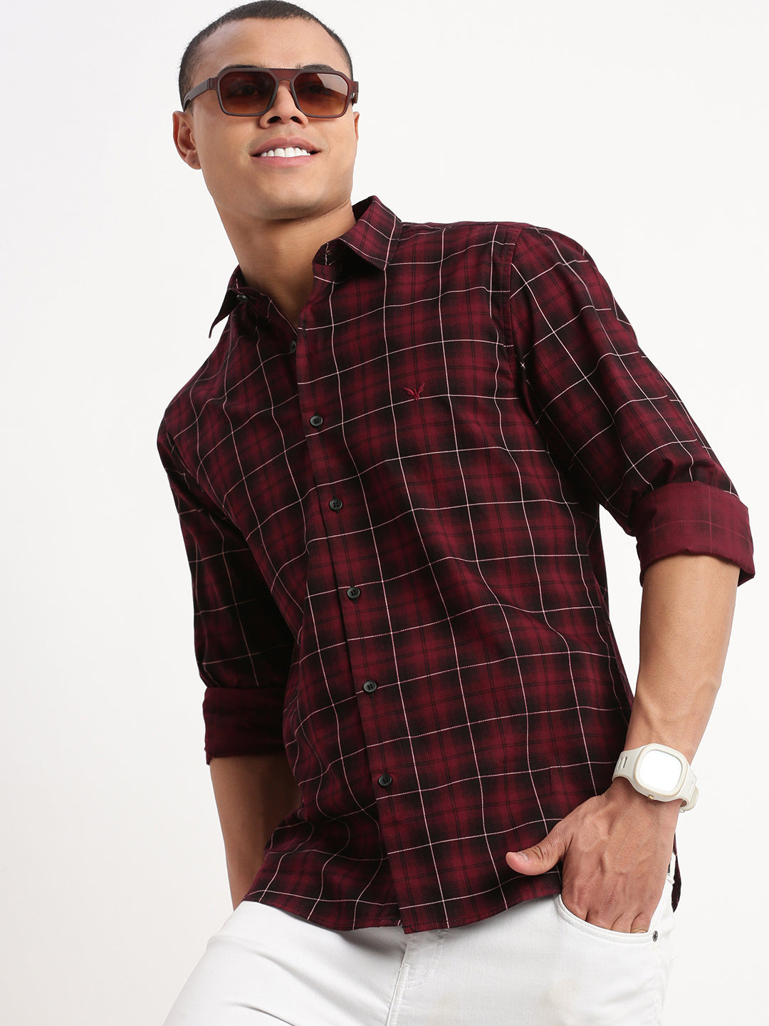 Men Tartan Checks Maroon Shirt