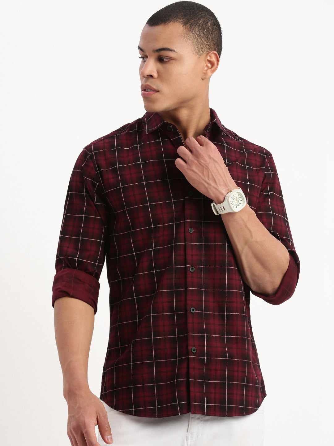 Men Tartan Checks Maroon Shirt