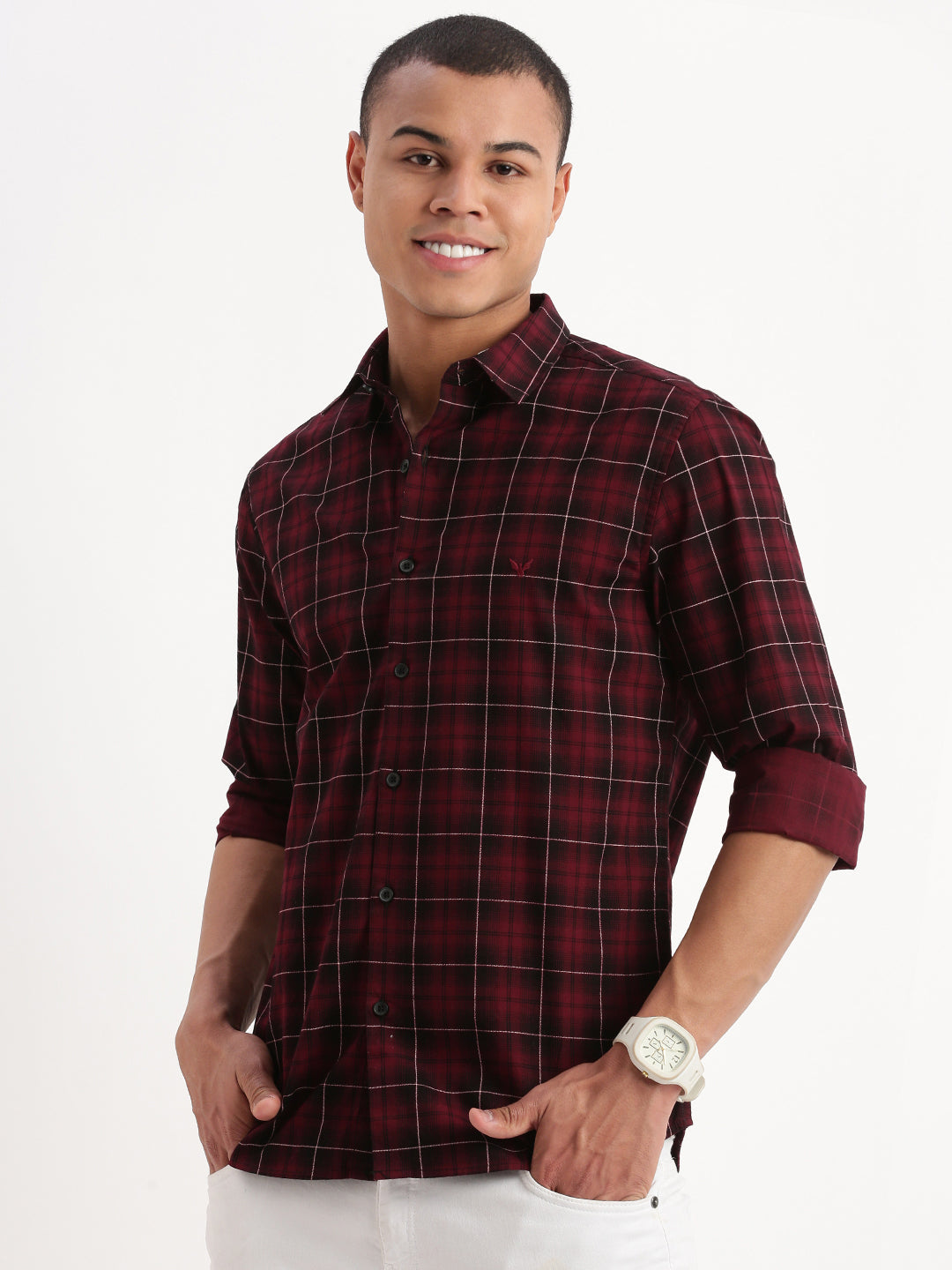 Men Tartan Checks Maroon Shirt