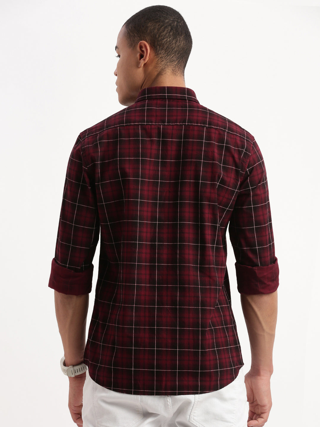 Men Tartan Checks Maroon Shirt