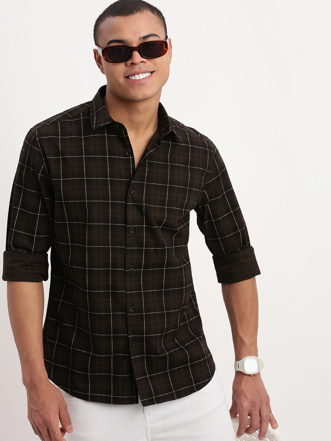 Men Tartan Checks Olive Shirt