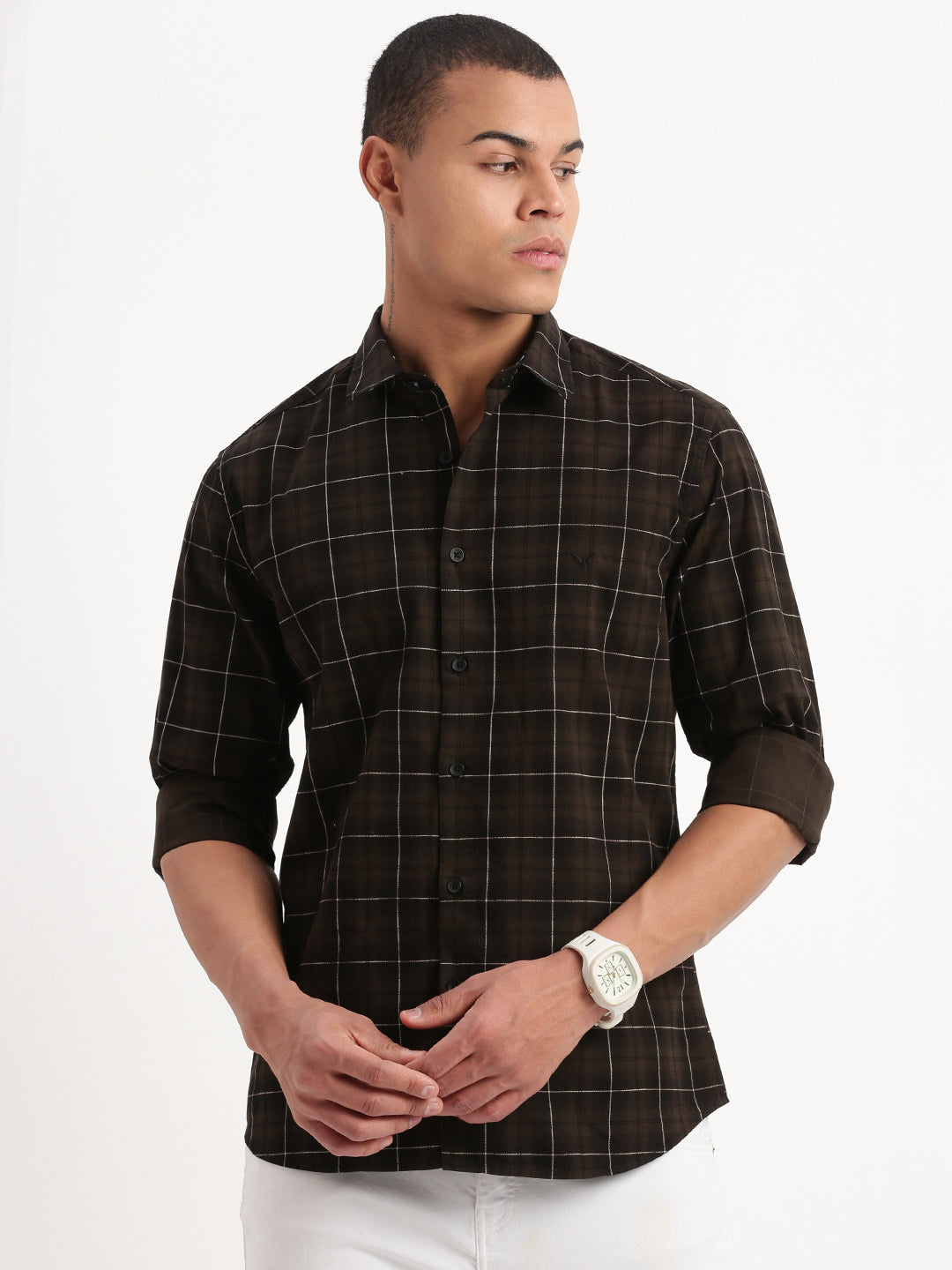 Men Tartan Checks Olive Shirt