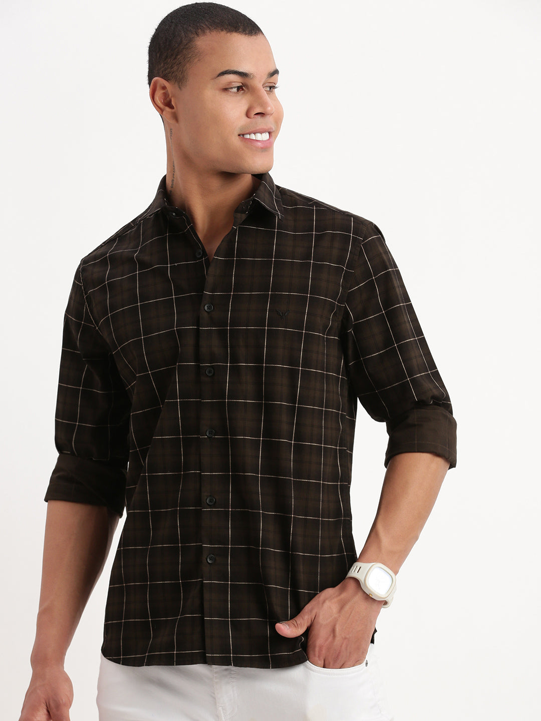 Men Tartan Checks Olive Shirt