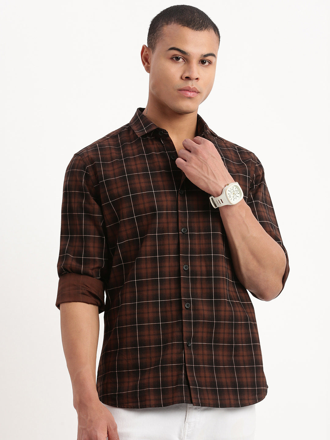 Men Tartan Checks Brown Shirt