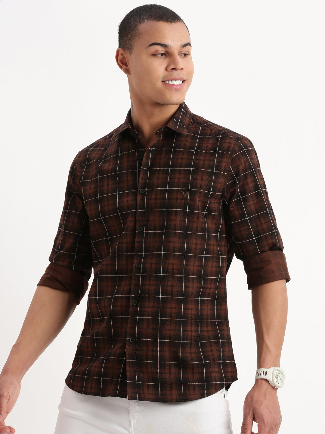 Men Tartan Checks Brown Shirt