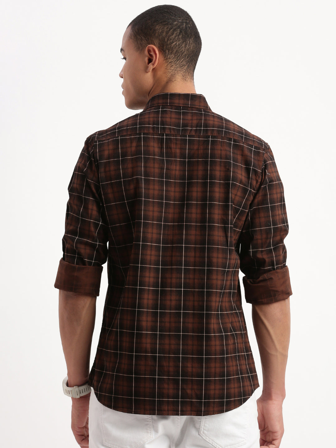 Men Tartan Checks Brown Shirt