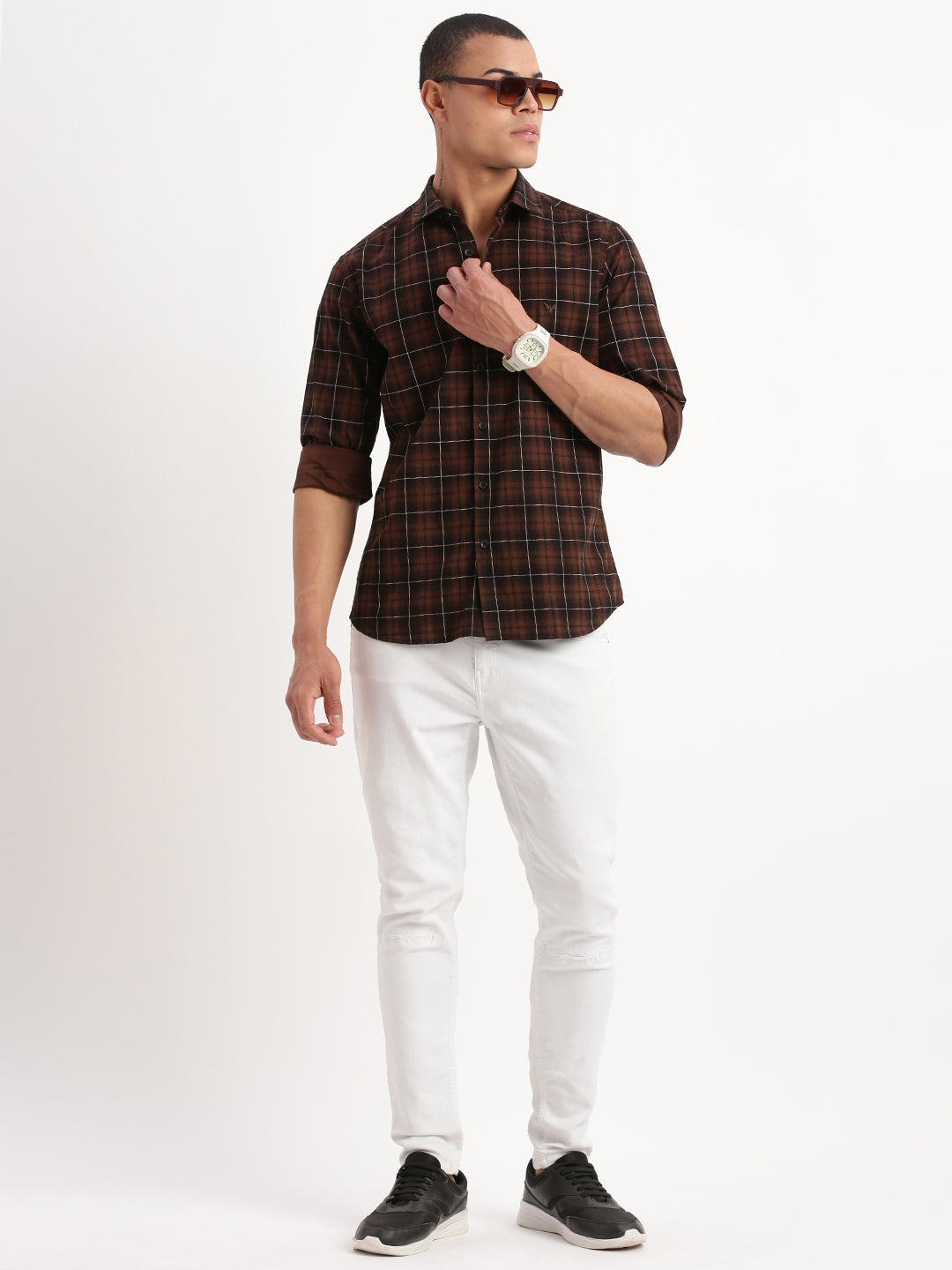 Men Tartan Checks Brown Shirt