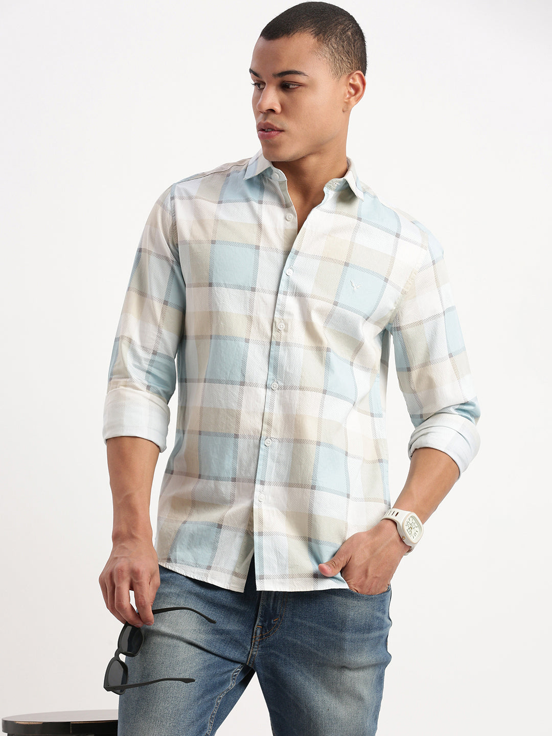 Men Windowpane Checks Cream Shirt