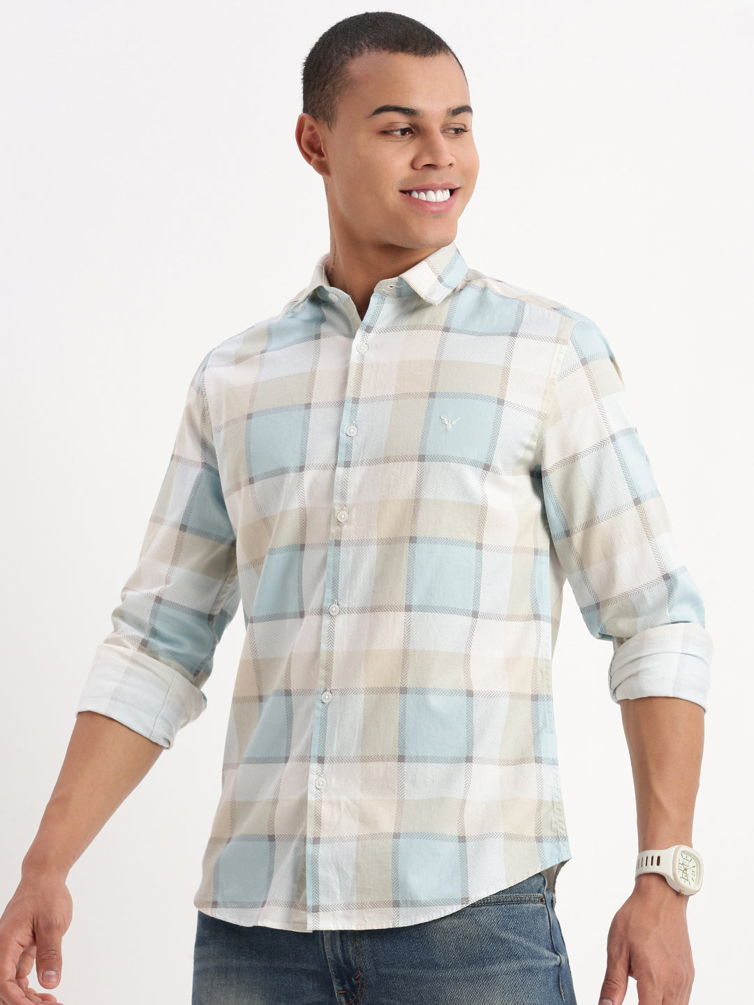 Men Windowpane Checks Cream Shirt