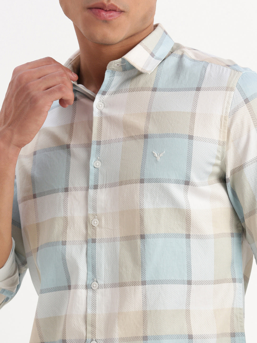 Men Windowpane Checks Cream Shirt