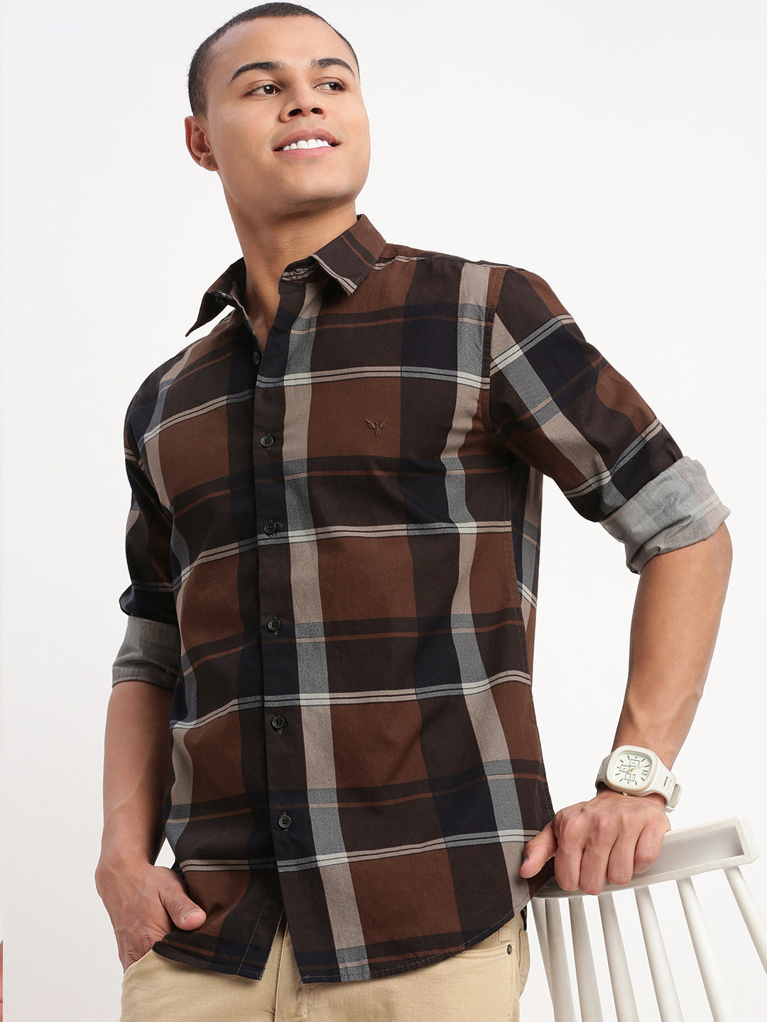 Men Tartan Checks Brown Shirt