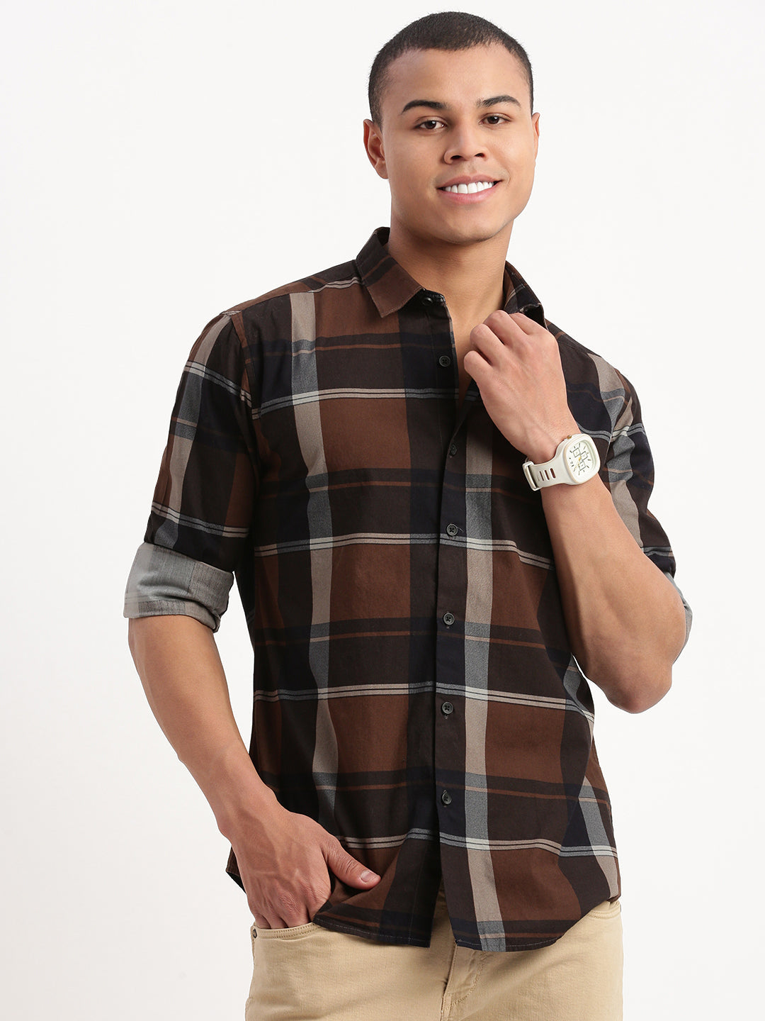 Men Tartan Checks Brown Shirt