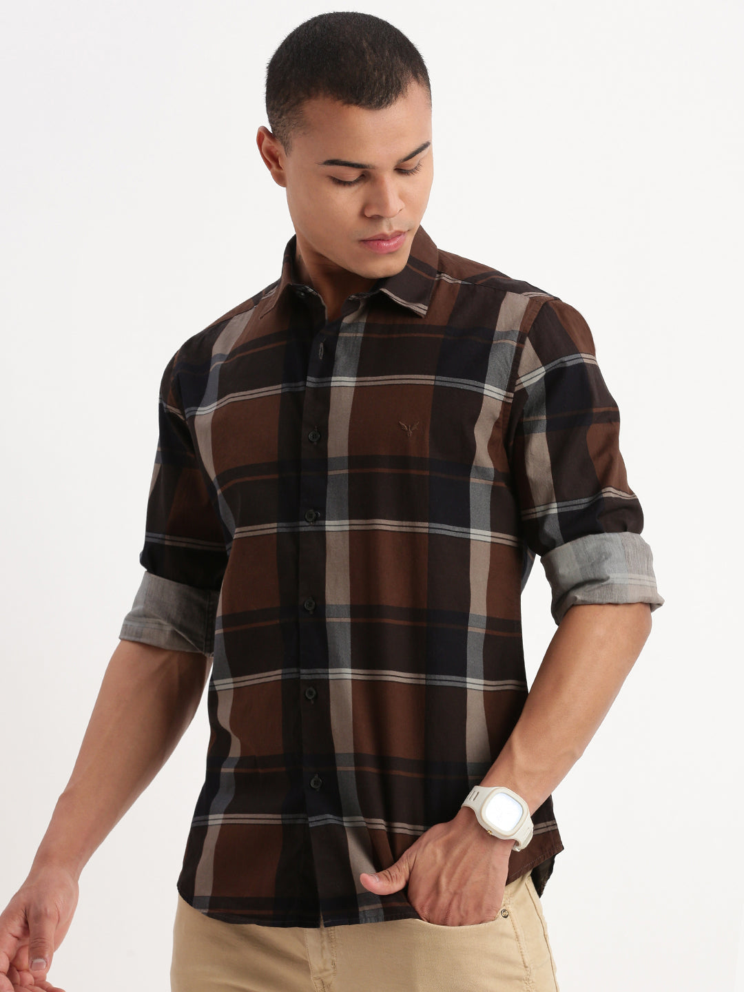 Men Tartan Checks Brown Shirt