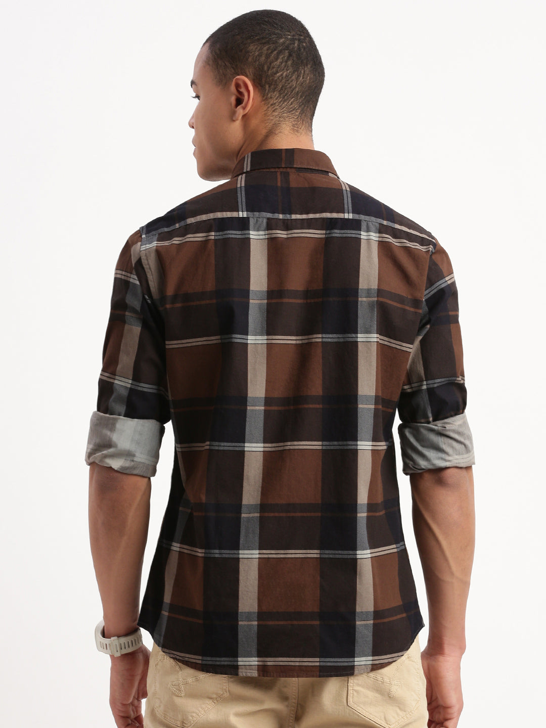 Men Tartan Checks Brown Shirt